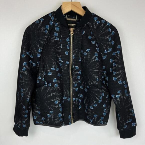 Juicy Couture Women's Size S Black Blue Floral Mesh Bomber Jacket Full Zip Mesh - Picture 9 of 9